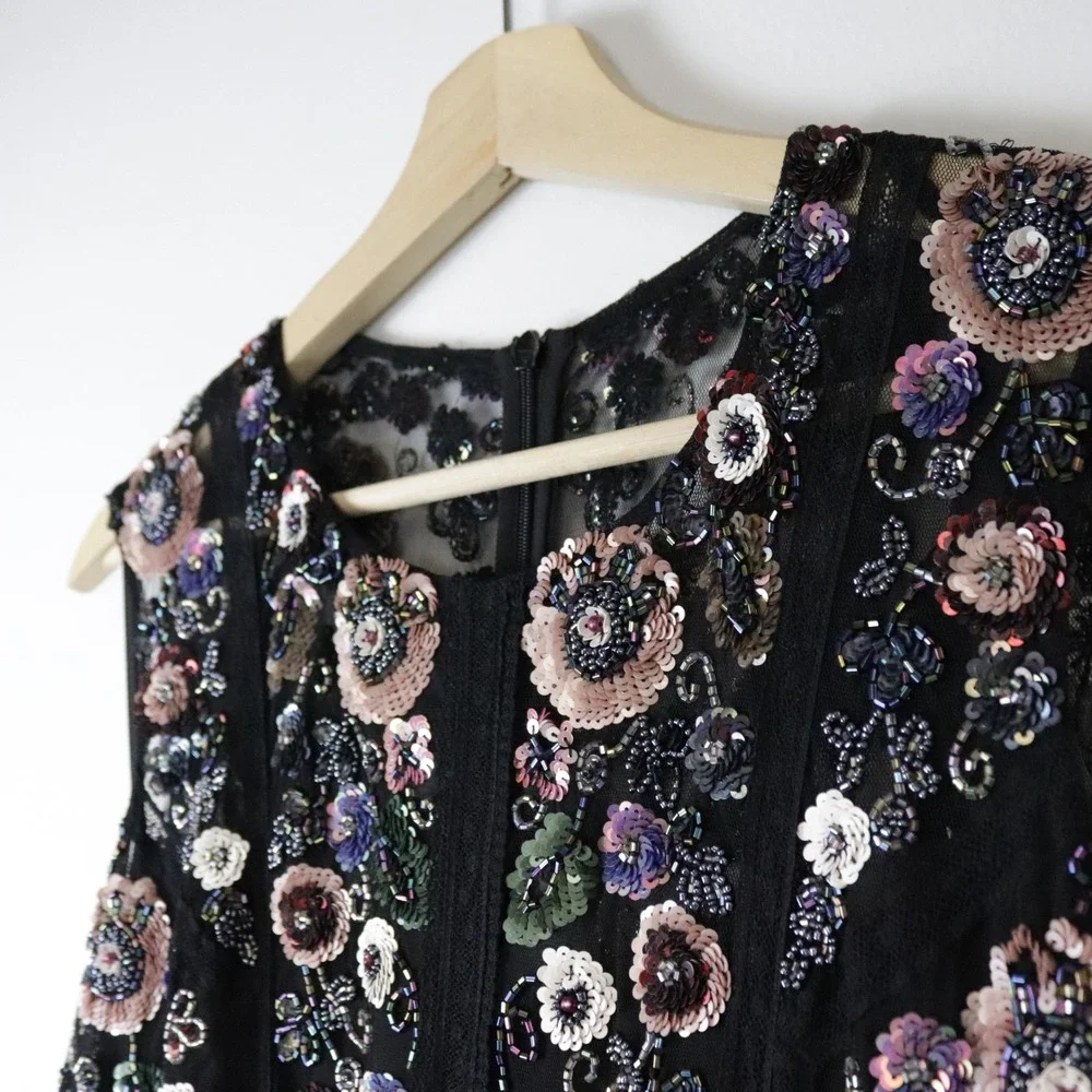Needle & Thread Floral Ombre Dress 8 Black Sequin Beaded Embellished Midi - Picture 7 of 12